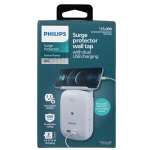 Philips 6-Outlet Wall Tap Surge Protector and USB Charger w/ Removable Shelf NEW